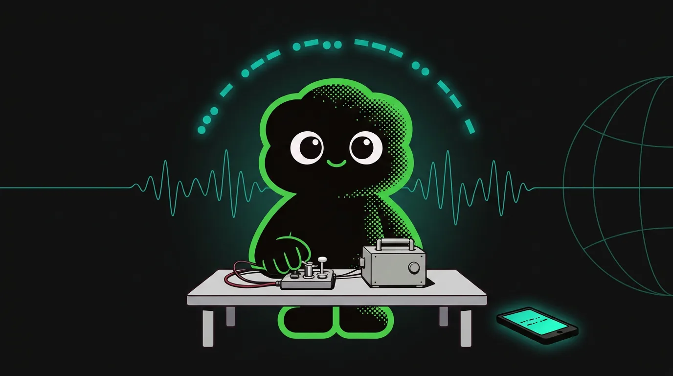 MorseKit mascot sending Morse Code at a telegraph desk, surrounded by dots, dashes, a waveform and a globe