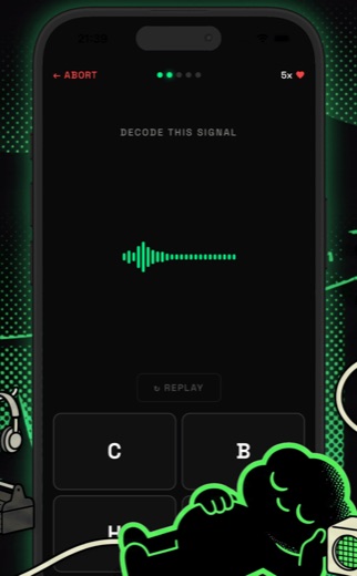 Un exercice d’écoute dans l’application MorseKit : une forme d’onde au-dessus d’une rangée de lettres à choisir