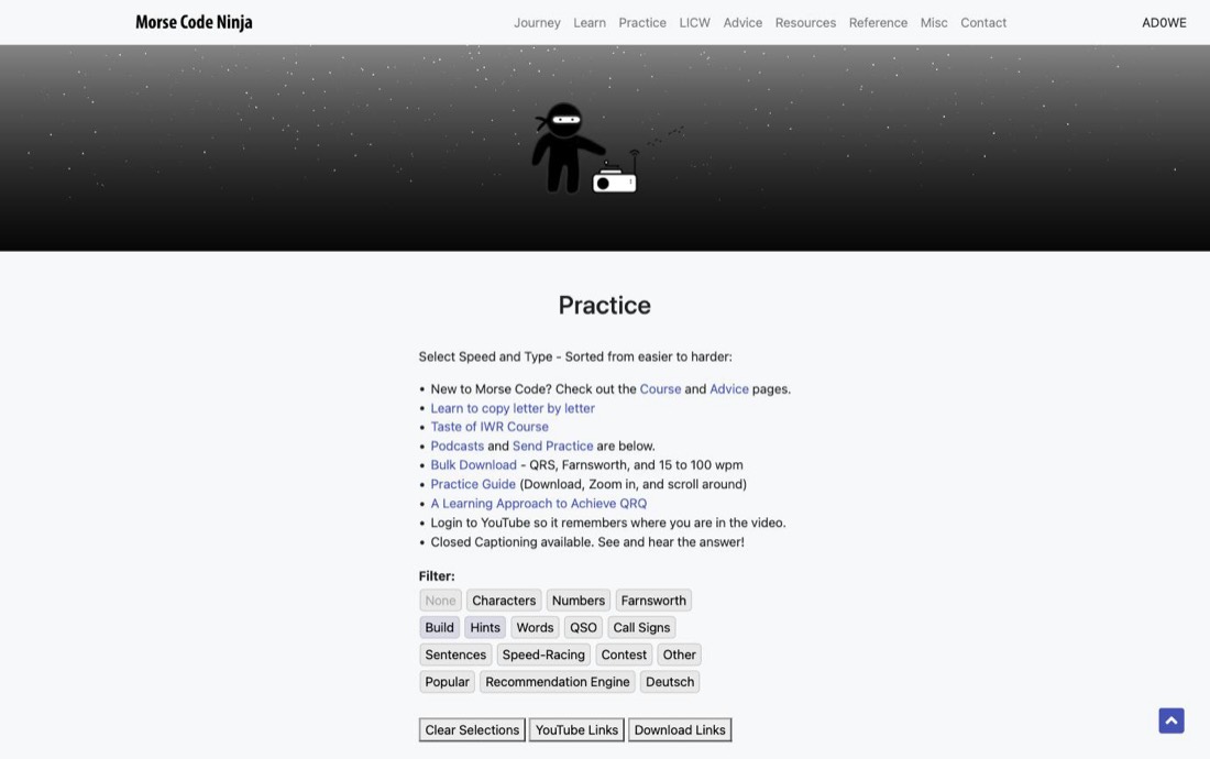 La page Practice de Morse Code Ninja, avec la liste des séries d’exercices et les filtres de vitesse et de type