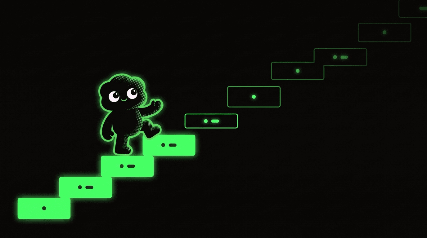 The mascot climbing glowing steps, each tread marked with a morse dot or dash