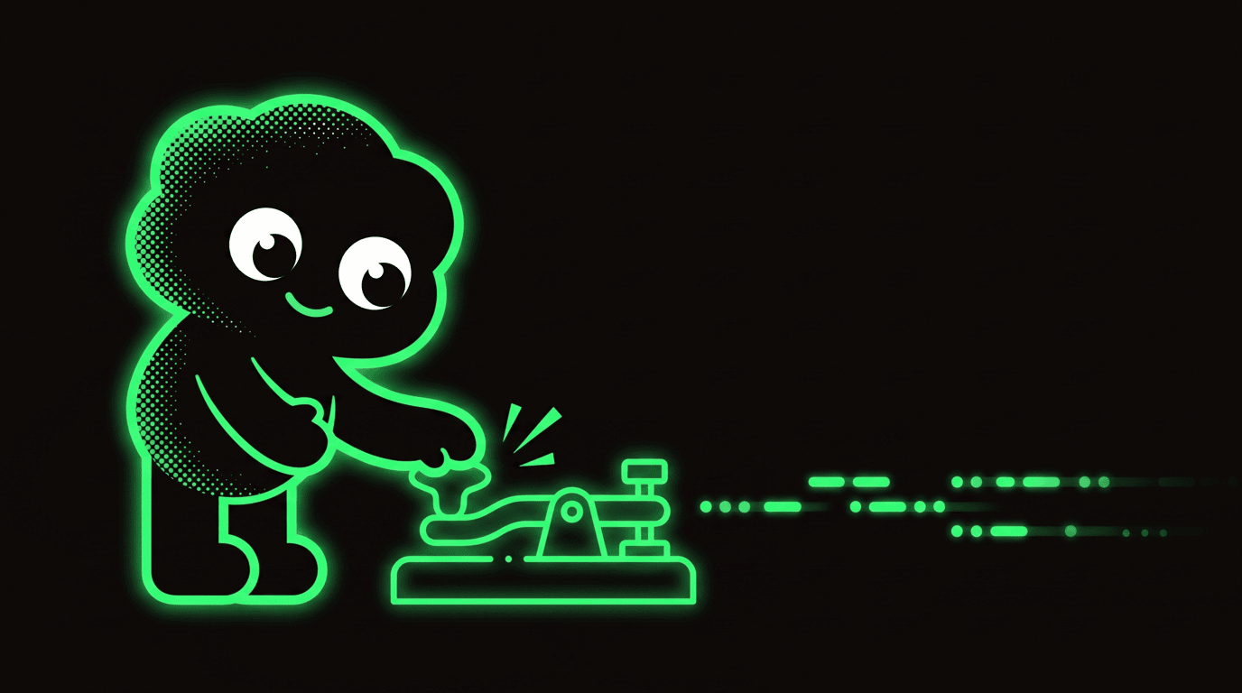 The mascot pressing a telegraph key, morse marks streaming away to the right