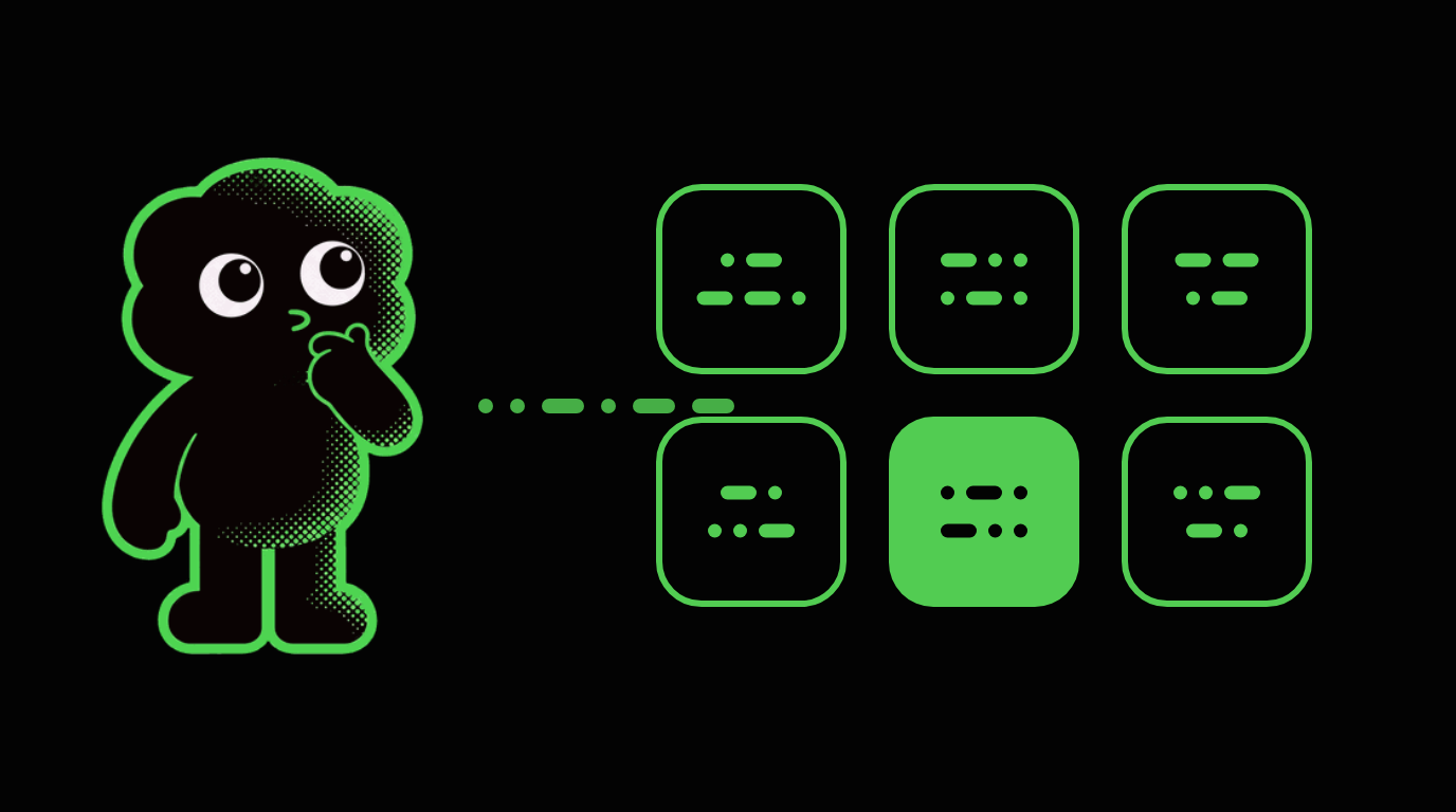 The MorseKit mascot thinking, facing a grid of six app tiles marked with Morse dots and dashes, one of them picked out in solid green