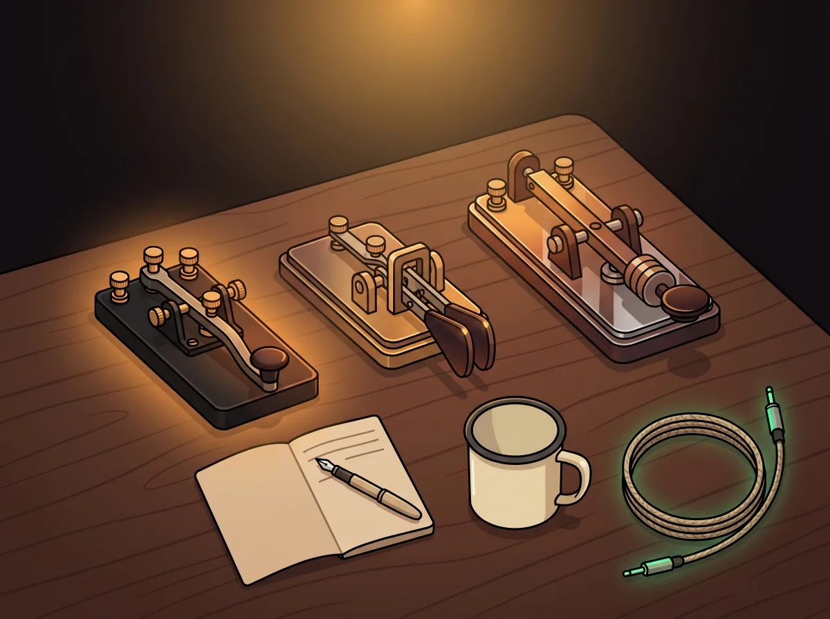 Top-down flat lay of three vintage Morse code keys on a walnut desk: straight key, iambic paddle, and bug