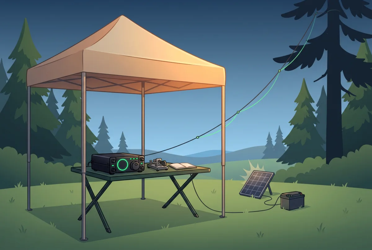 Portable ham radio Field Day setup outdoors: pop-up canopy, QRP transceiver, wire antenna in a pine tree, and folding solar panel