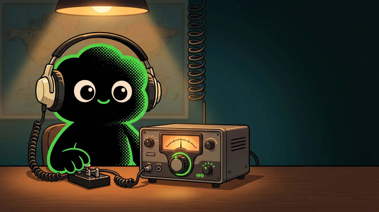 Cartoon mascot operating a vintage CW telegraph paddle with headphones beside a glowing tube radio