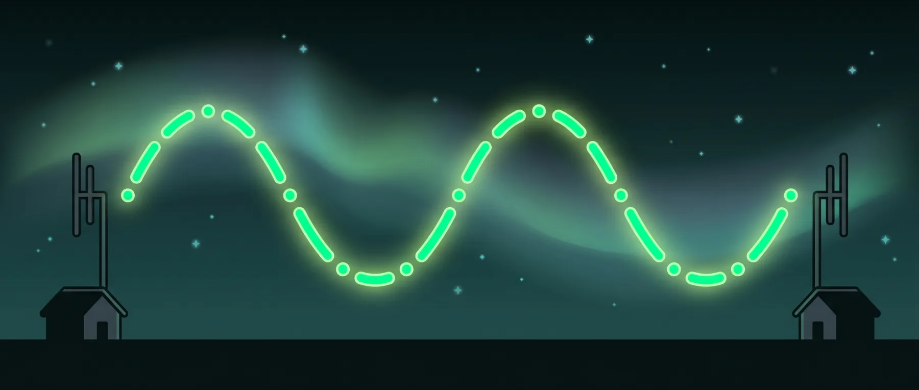 Two ham radio antennas connected by a glowing Morse code dot-and-dash wave across a starry night sky