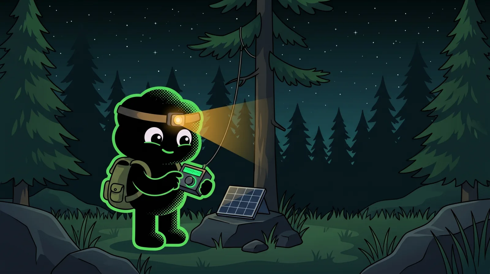 Cartoon mascot with backpack and headlamp holding a portable QRP HF radio under a starry night forest sky