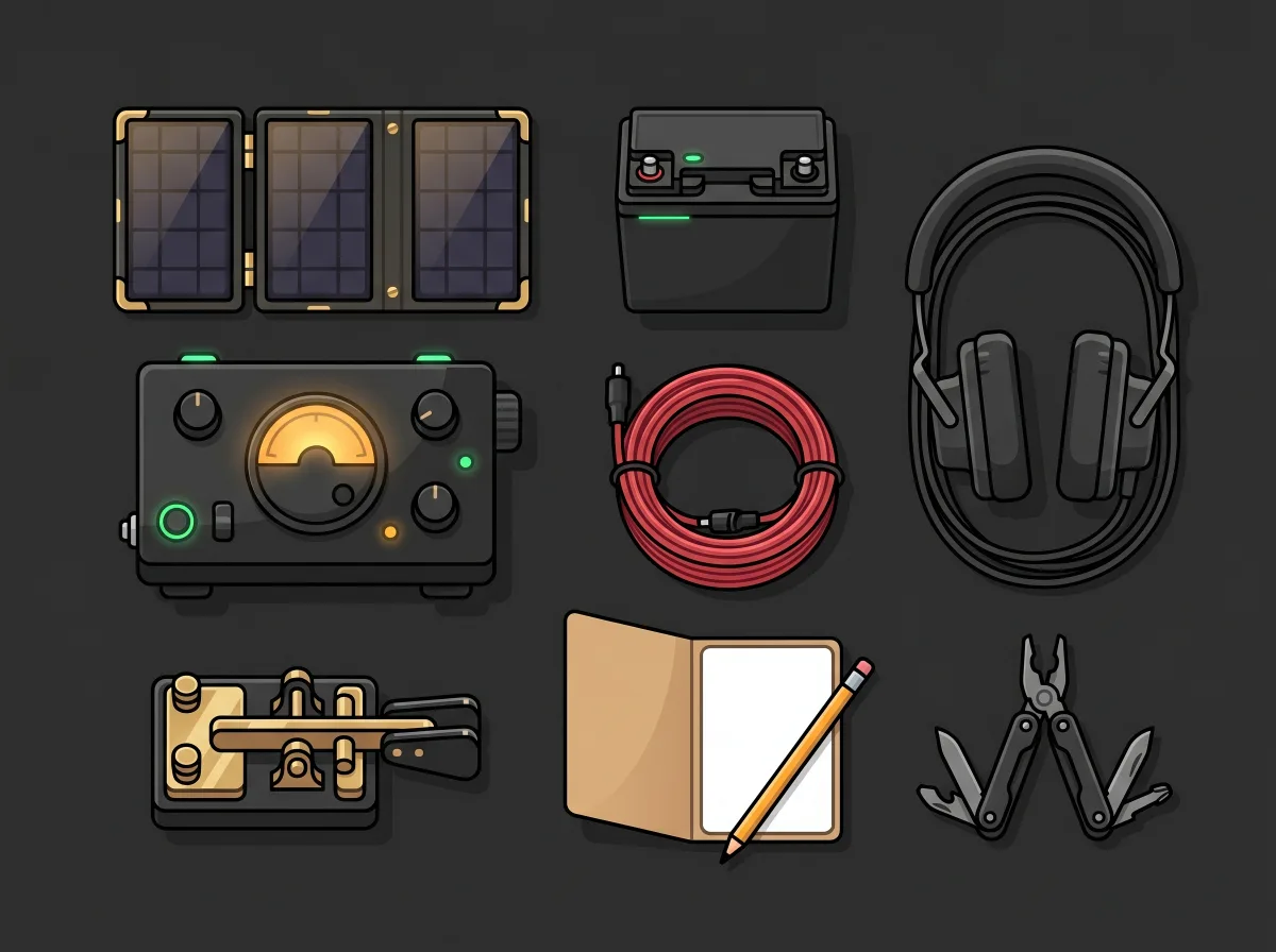 Top-down flat lay of a complete off-grid prepper radio kit: QRP transceiver, folding solar panel, paddle key, LiFePO4 battery, antenna wire spool, notebook, headphones, and multitool