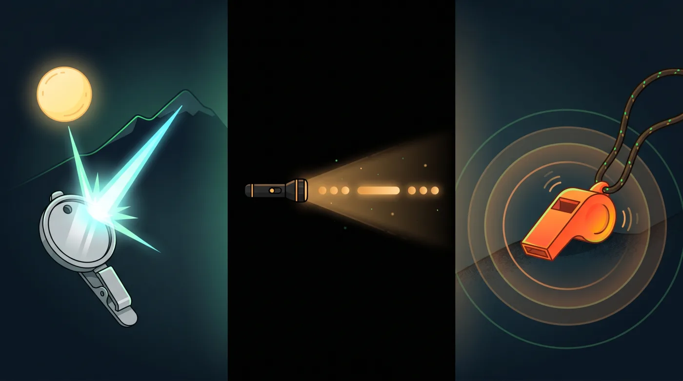Three off-grid Morse signaling methods side by side: signal mirror flash, flashlight SOS pattern, and orange emergency whistle