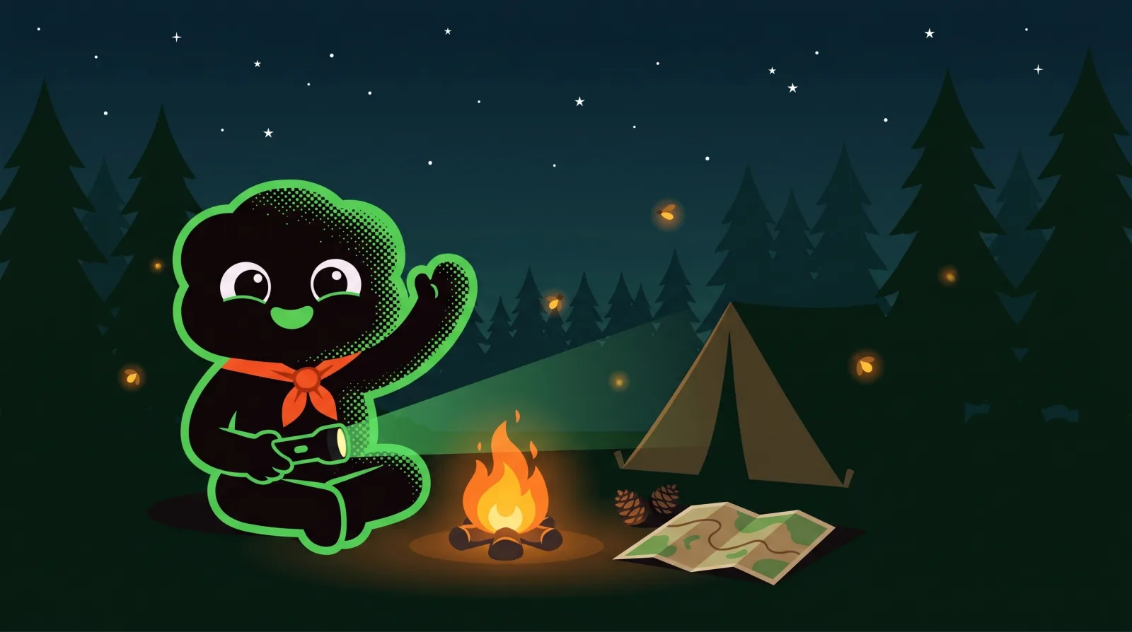 Cartoon mascot wearing a red scout neckerchief and holding a flashlight beside a campfire at night with a tent and forest
