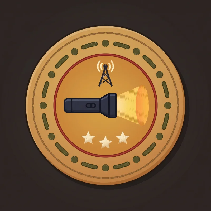 Vintage embroidered Signaler merit badge with Morse code dot-and-dash pattern around the rim and a flashlight icon in the center