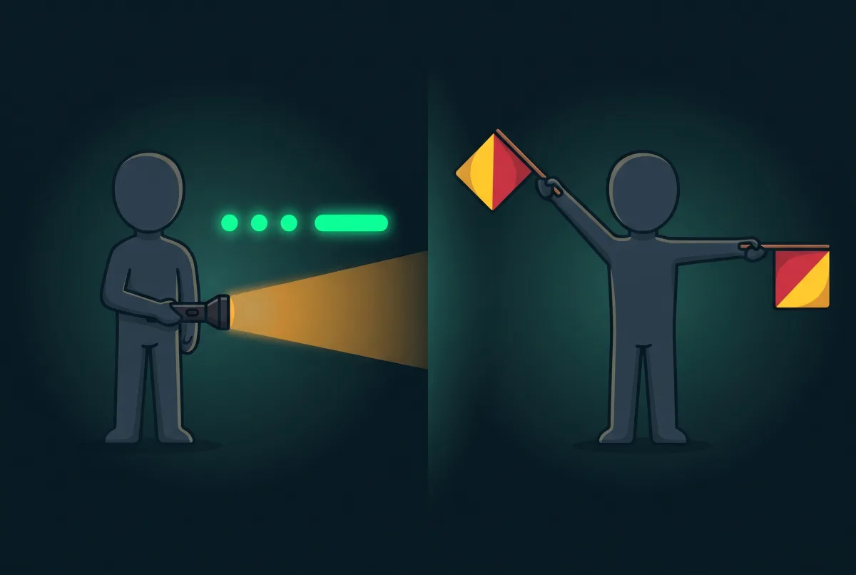 Side-by-side comparison: left side a scout signaling Morse code with a flashlight, right side a scout signaling with two semaphore flags