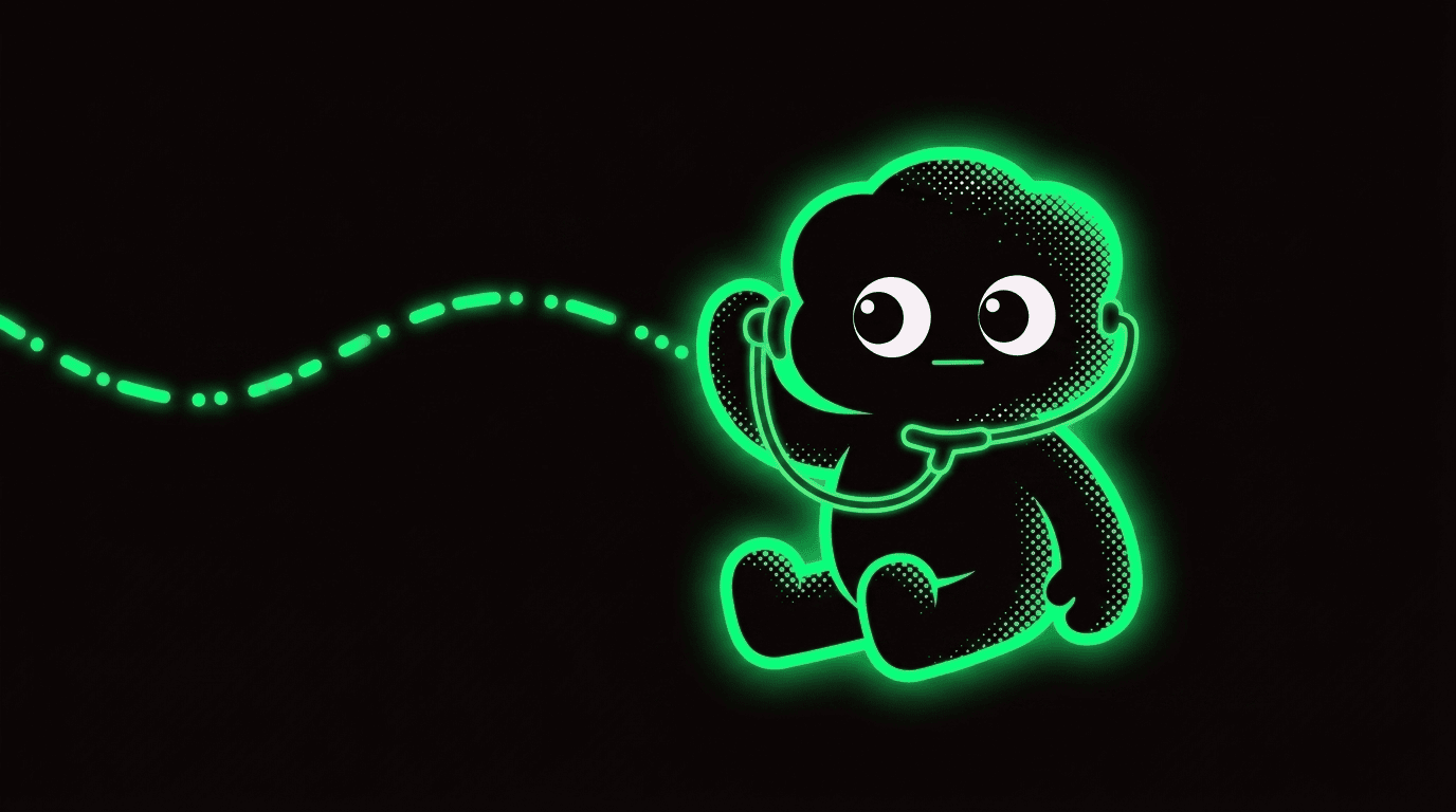 Mors mascot listening intently to incoming Morse signals flowing toward it as glowing neon-green dots and dashes
