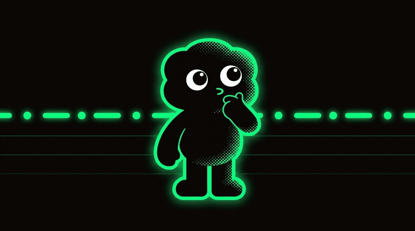 Mors mascot thinking with a neon-green Morse timing diagram of dots and dashes floating around it