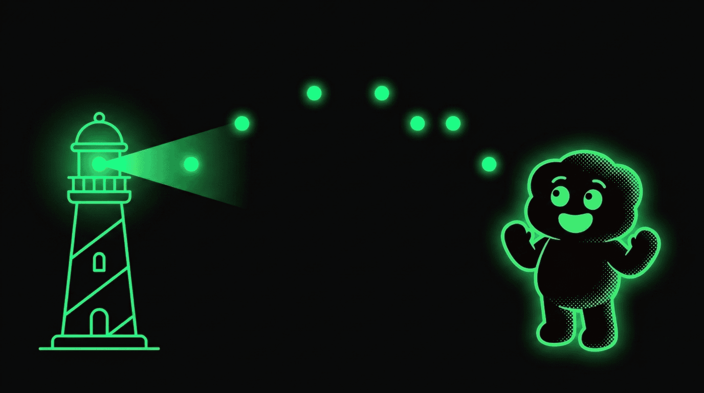 Neon-green signal lamp emitting four short pulses of light, depicting the Morse letter H