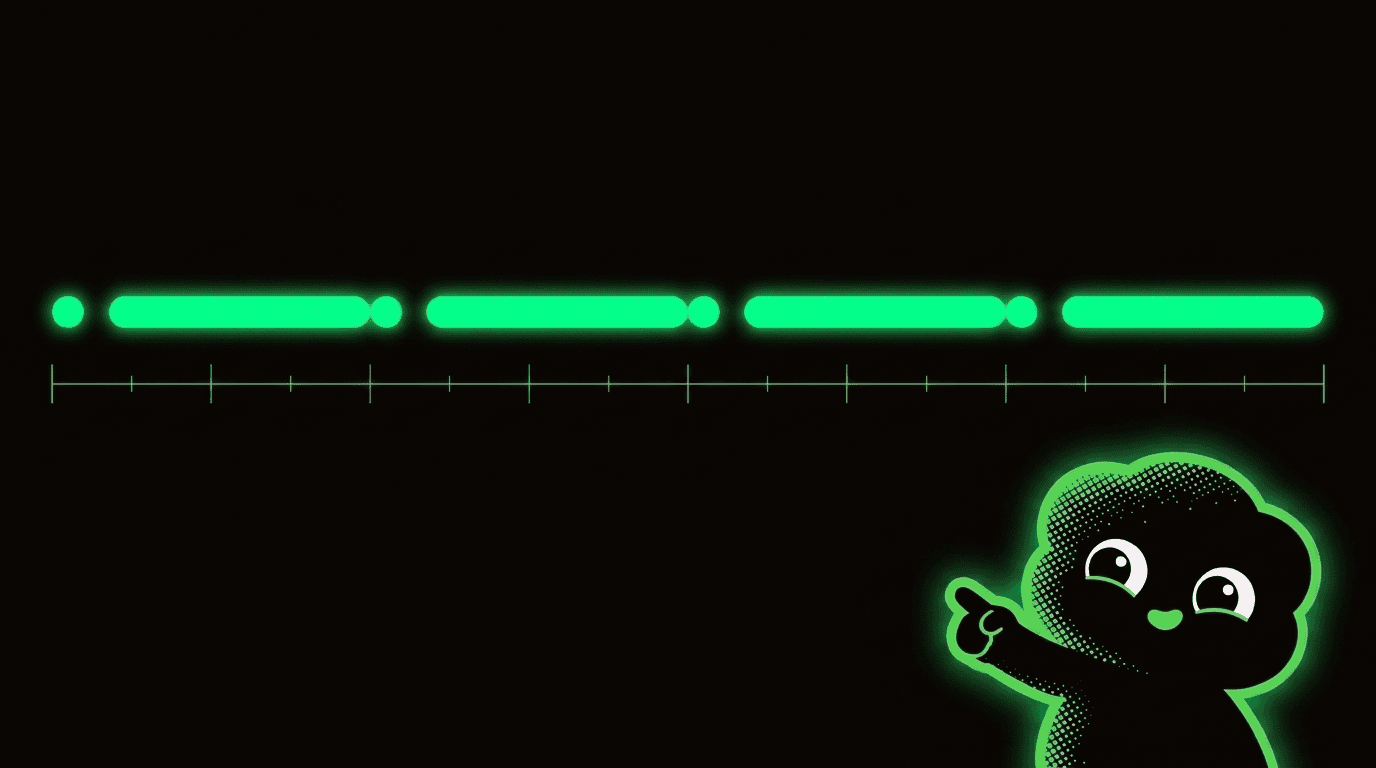 Neon-green timing diagram showing a dot, a gap, and a 3-unit dash, illustrating Morse timing units