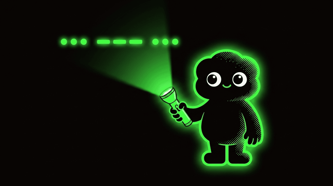Mors mascot signaling SOS upward with a flashlight, three dots three dashes three dots glowing in the sky