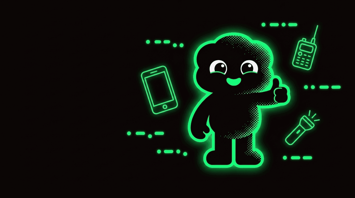 Maskottchen Mors hebt den Daumen, umgeben von modernen Geräten, die Morsecode noch nutzen: Smartphone, Amateurfunkgerät, Taschenlampe